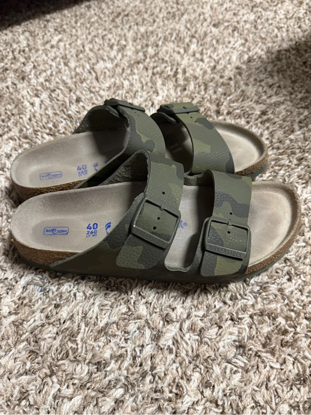 Birkenstock Women’s Two-Strap Camo Green Slide Sandals